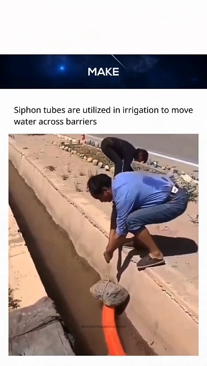 Read captions for more details .  A siphon tube works by using gravity and atmospheric pressure to move water from a higher point to a lower point, even if it needs to go over a barrier in the process.  To start, the t