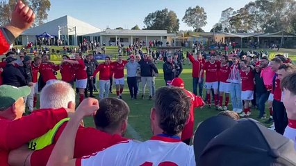 Tatura players and supporters sing the club song after winning the 2024 League One Men Super Cup