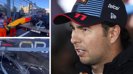 下载视频: GP Azerbaiyán: Impactantes video del RB20 de Checo Pérez destrozado tras choque con Carlos Sainz