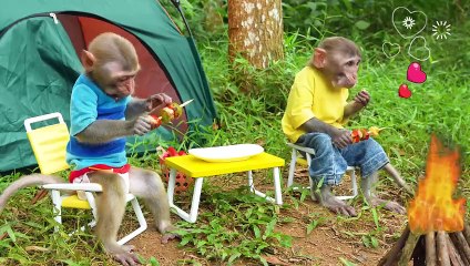 Monkey Baby Bon Bon meets rain of chocolate candy and eats rainbow milk bottle jelly with ducks - 2160