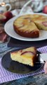 Peach upside-down cake, soft, melting and caramelized