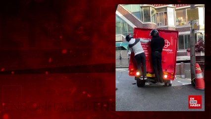 Rampayı çıkamayan kamyonete kuryelerden ilginç yardım