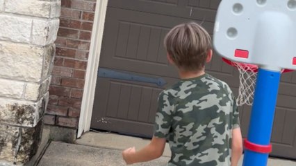 Baby brother takes a funny shortcut while copying big brother's cool trick shot