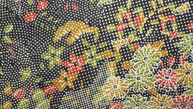 Vintage Black with White Edo Komon Komon Kimono Silk with Green Yellow Kiku, Cherry Blossoms, Clouds - Fabric Cutting Included - Kimono Dream Shop