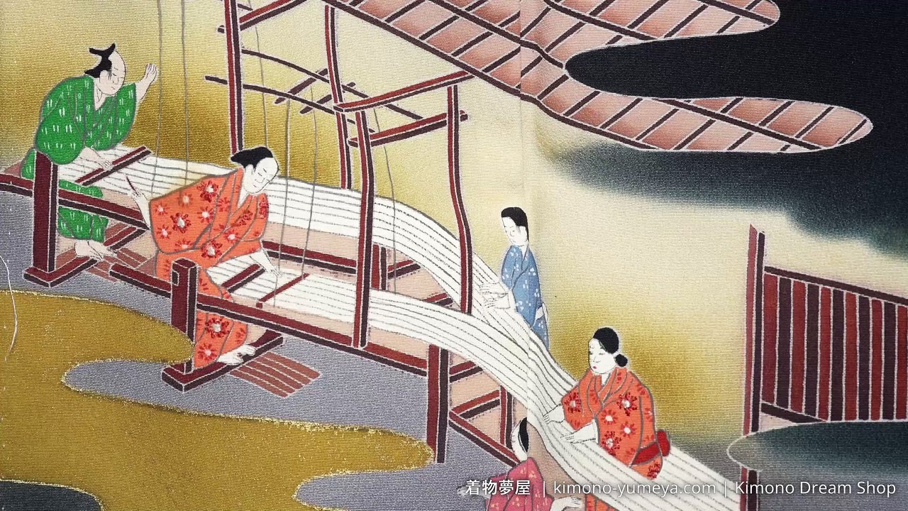 People Manufacturing and Painting Kimonos on Black Tomesode Vintage Chirimen Silk with Hand Painted Ancient Scenes of Japan - Online Kimono Shop