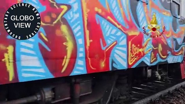 Fire breaks out in a train, fire brigade operation in Felonica town (Italy)