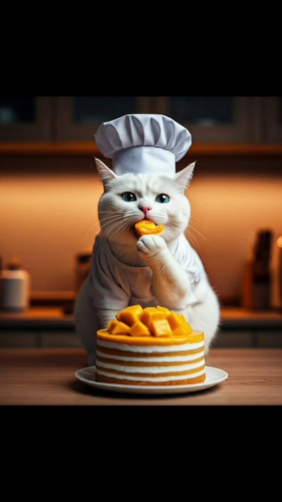 cute cat make and eat mango cake