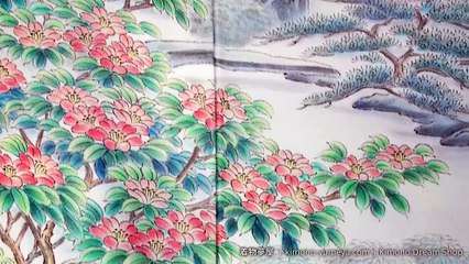 Download Video: Light Pink Houmongi with Hand-Painted Oceanside Flower Garden, Chrysanthemums, Stone Lantern, Rocks - Vintage Silk Kimono For Women