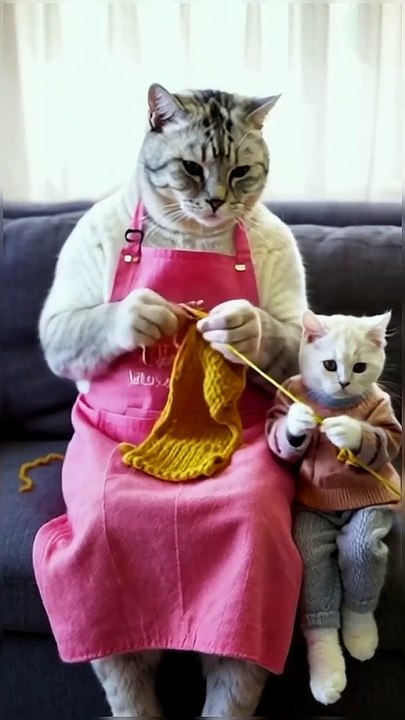 "Crafting memories: A mother cat shows her baby the beauty of hand sewing."