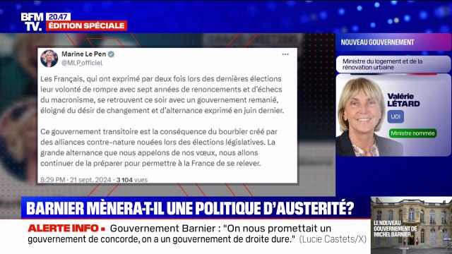 Un gouvernement éloigné du désir de changement et d'alternance exprimé en juin dernier , Marine Le Pen réagit à la composition du gouvernement Barnier