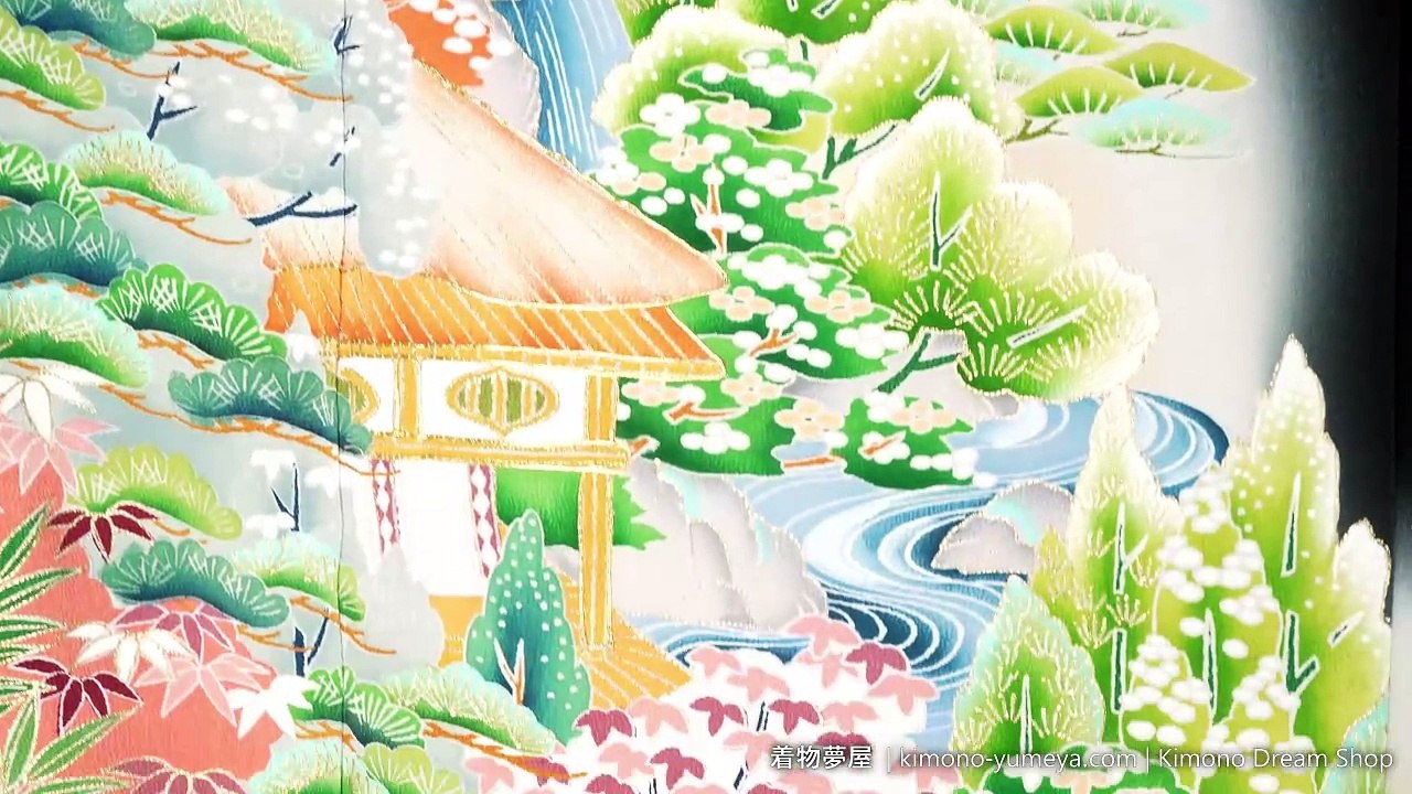 Hidden Village in the Mountains Black Tomesode with Plum Blossoms, Waterfall, Bridge, Bamboo Leaves - Itsutsumon - Vintage Silk Kimono For Women