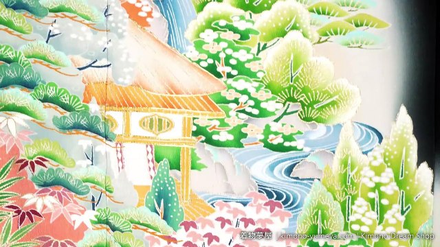 Hidden Village in the Mountains Black Tomesode with Plum Blossoms, Waterfall, Bridge, Bamboo Leaves - Itsutsumon - Vintage Silk Kimono For Women