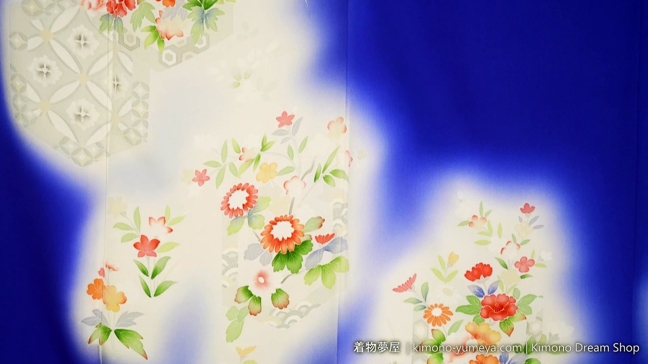 Blue & White Tsukesage with Hand Painted Kyo-Yuzen Chrysanthemums, Peonies, Chinese Bellflowers, Kikkou, Shippou, Carnations - Silk Women’s Kimono