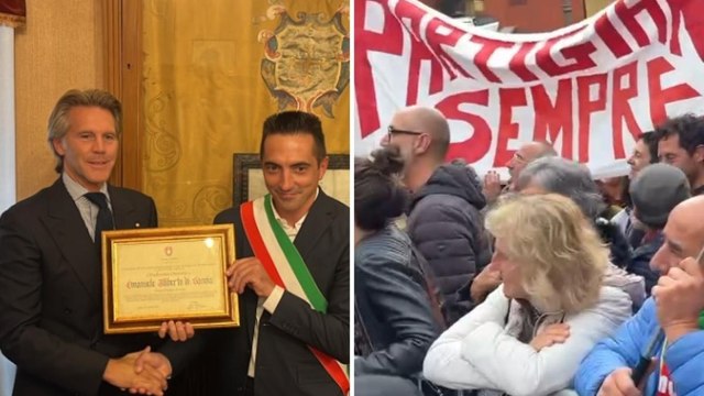 Emanuele Filiberto cittadino di Valdieri, protesta davanti al municipio. E durante il discorso parte «Bella Ciao»