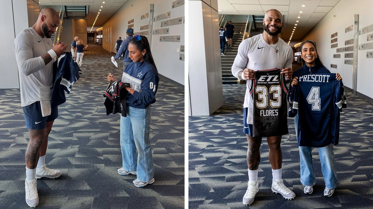 Diana Flores intercambia jersey con Dak Prescott previo al Baltimore Ravens vs. Dallas Cowboys de NFL