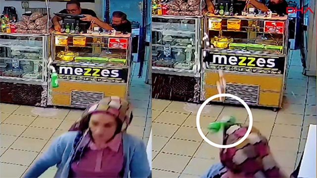 Bolu'da ilginç olay kamerada: Yere düşen maden suyu şişesi kafasına çarptı