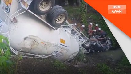 Warga emas maut, lori simen terbabas masuk gaung