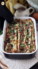 Gratinado de tortillas con jamón, espinacas y mozzarella, al estilo crinkle cake