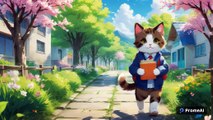 Um gato fofo andando para a escola com livros na mão na primavera - PARTE 2