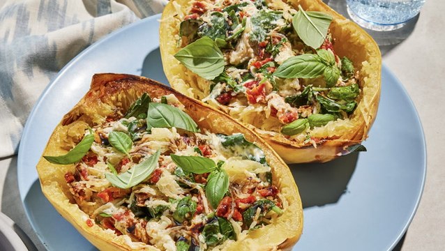 Baked Boursin Spaghetti Squash with Sun-Dried Tomatoes & Spinach