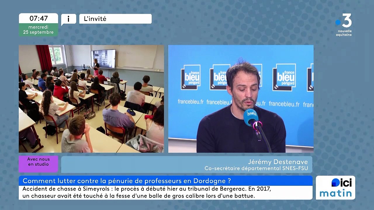 Jeremy Destenave, co secrétaire départemental du SNES-FSU en Dordogne évoque sur France Bleu Périgord le manque de professeurs
