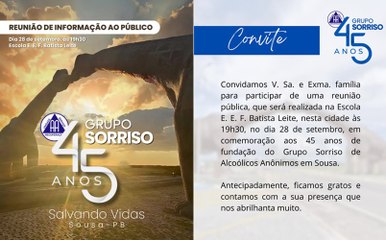 Grupo "Sorriso" de Alcoólicos Anônimos, de Sousa, completa 45 anos e convida população para evento