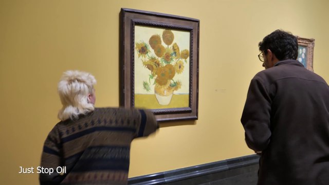 Just Stop Oil throw soup over Van Gogh's Sunflowers for second time