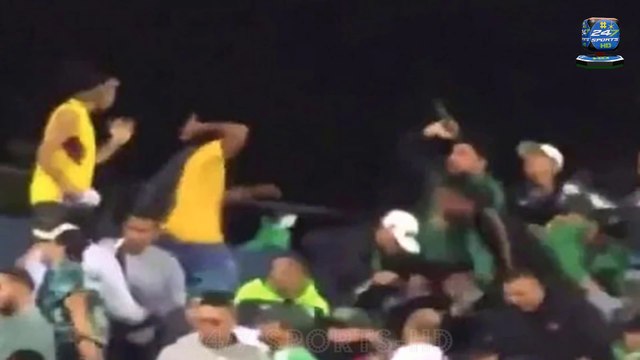Football match in Colombia is suspended after terrifying mass brawl in the stands as fans 'wield knives and machetes - leaving 20 supporters injured'