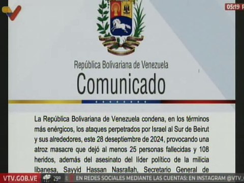 Comunicado | Venezuela condena los ataques perpetrados por Israel al Sur de Beirut, Líbano