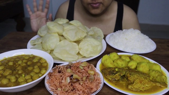 EATING POORI, WHITE RICE, CHANA MASALA, DRY SWEET SEVIYAN, ARBI FISH CURRY | MUKBANG | EATING SHOW
