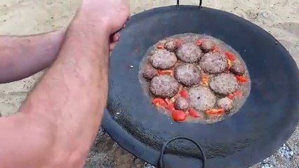 Cutlets with vegetables and eggs cooked over a fire! A very hearty and delicious dinner