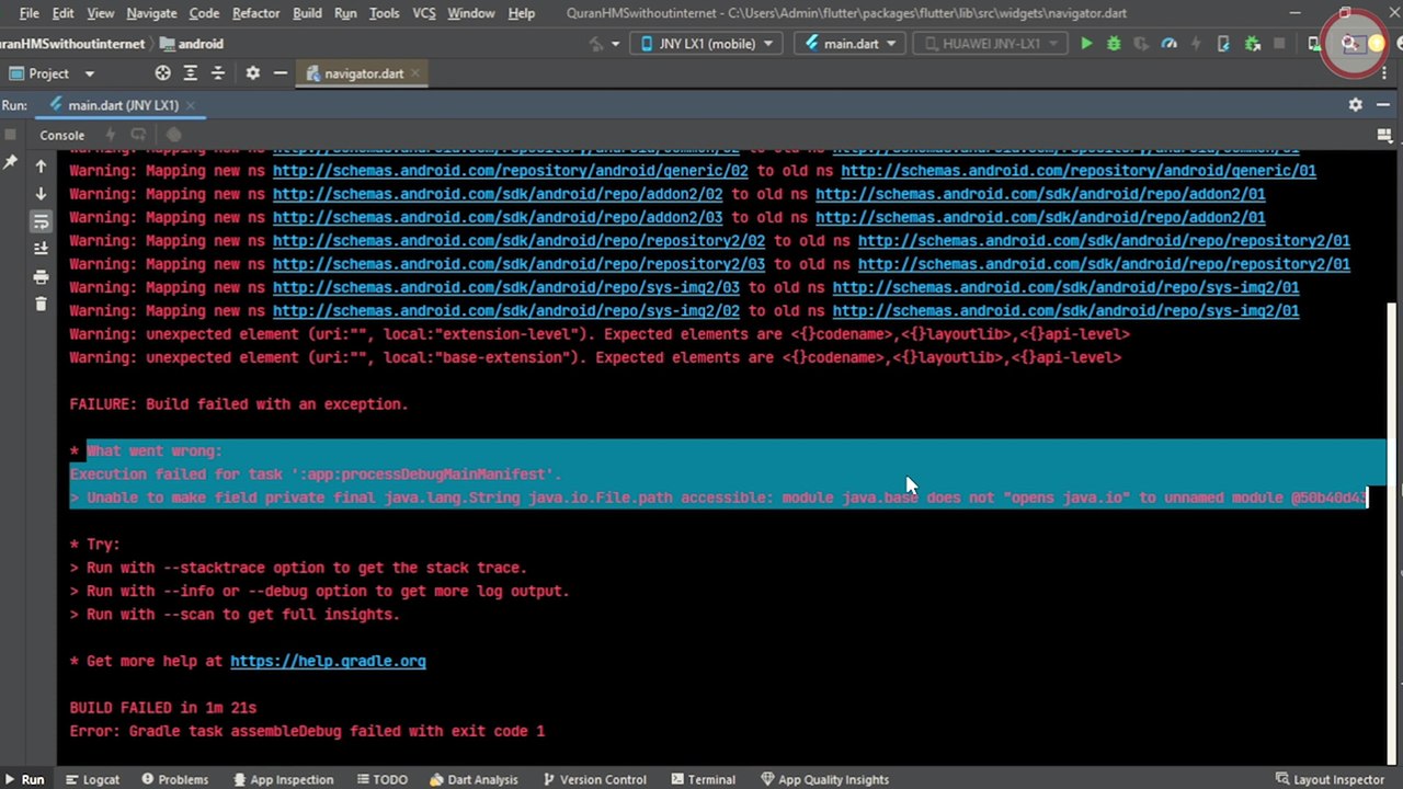 how to Fix Execution failed for task ':app:processDebugMainManifest'. in flutter
