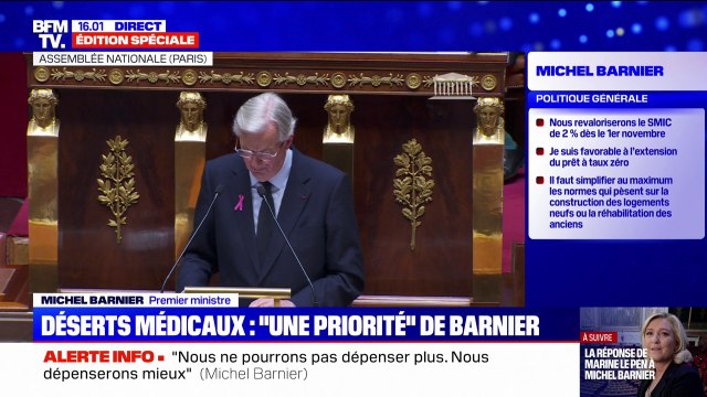 Déserts médicaux: Le temps est révolu où l'on avait la crainte de former trop de médecins , affirme Michel Barnier lors de son discours de politique générale