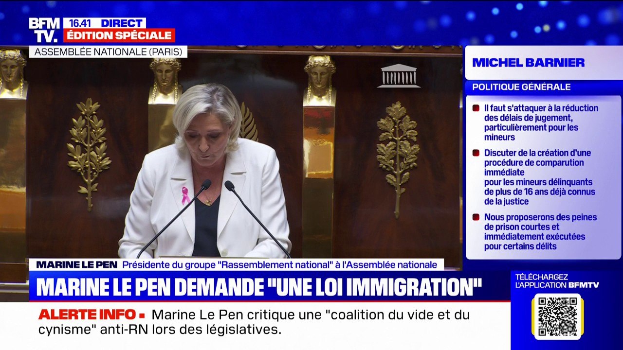 Marine Le Pen demande à Michel Barnier "de remettre à l'agenda" dès 2025, "une loi immigration restrictive"