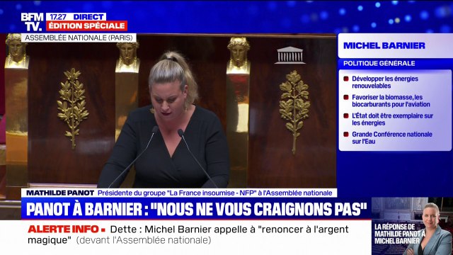Mathilde Panot souhaite à Michel Barnier d'être le Premier ministre du gouvernement le plus court de la Ve République