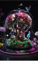 قبة زجاجية منزل تيم برتون تصميم غريب عشب أخضر صوف مُعالج أحجار لامعة قاعدة وردية فن مميز