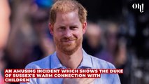 Prince Harry laughs wholeheartedly after a child touches his beard on official visit