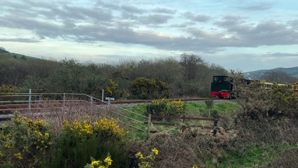 Vale of Rheidol steam engine crossing black bridge in Llanbadarn Fawr