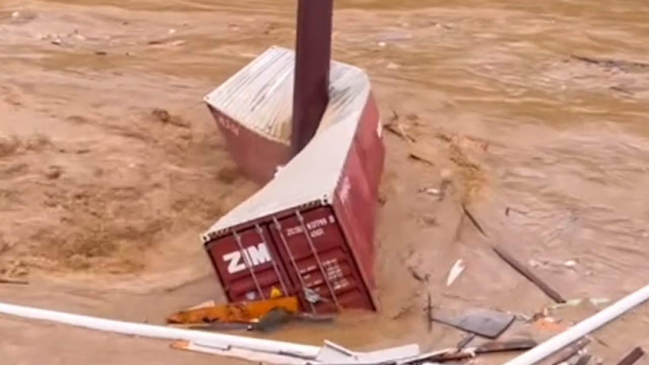 Shipping container crushed like a soda-can in North Carolina floods