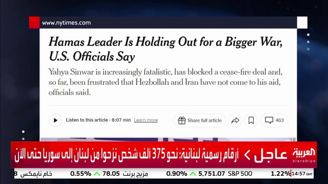 نيويورك تايمز: السنوار يتمنى توريط إسرائيل بحرب إقليمية مع إيران