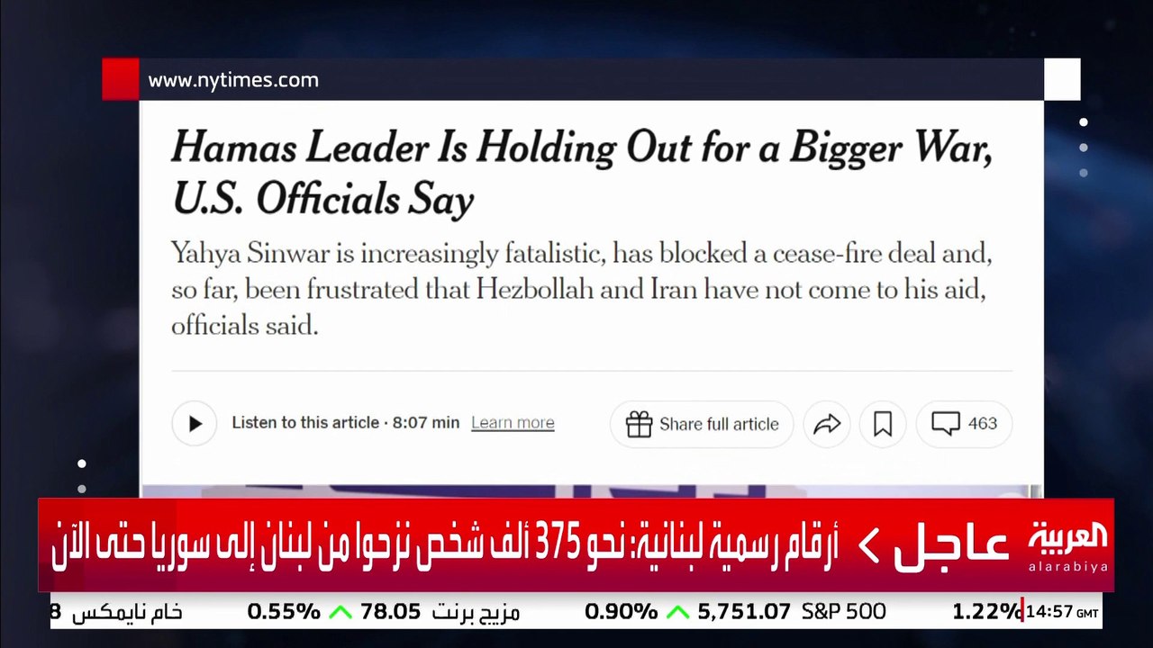 نيويورك تايمز: السنوار يتمنى توريط إسرائيل بحرب إقليمية مع إيران