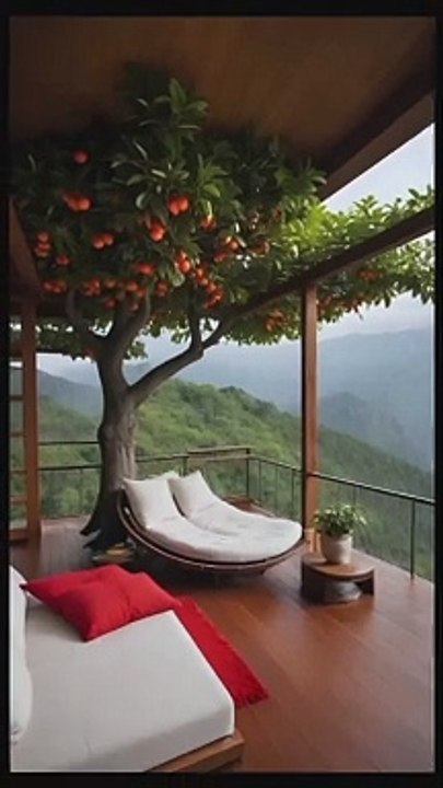 Relax with us in this serene room surrounded by lush greenery outside with oranges tree,