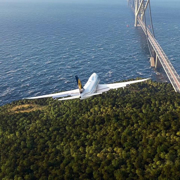 Eine Drohnenkamera verfolgt die Landung eines Boeing 747-Superflugzeugs