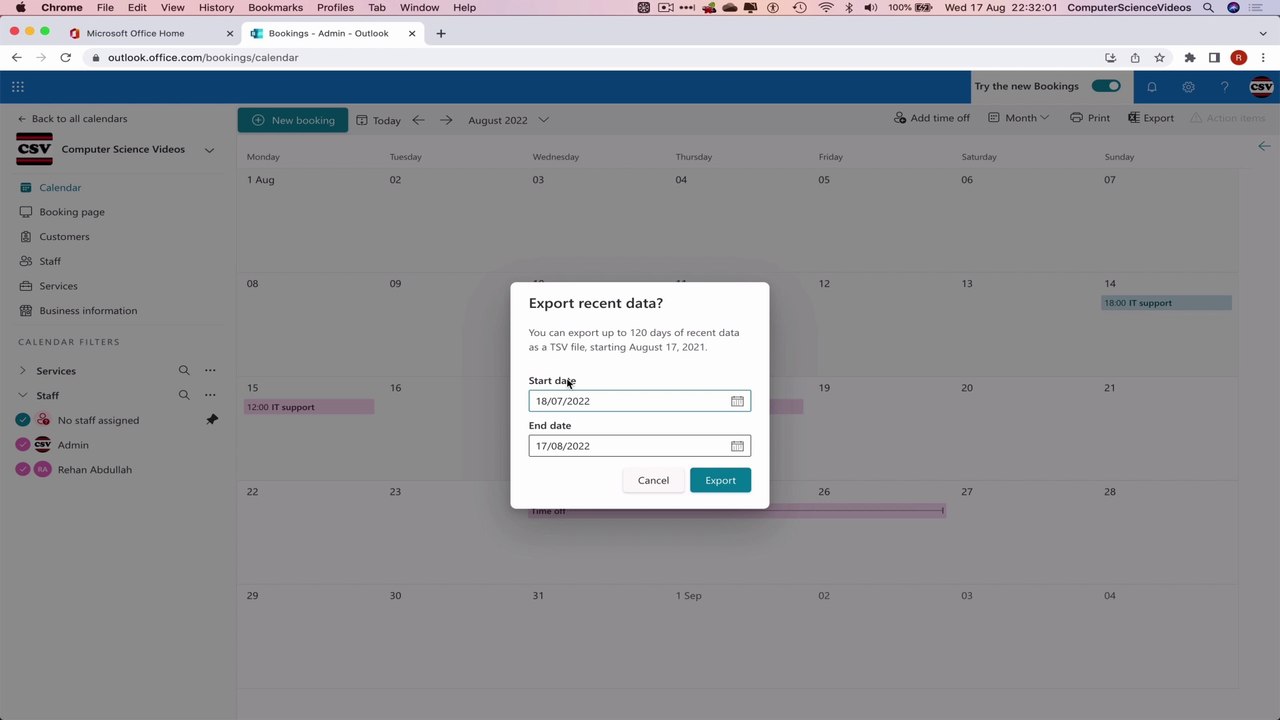 How to USE Microsoft Bookings for Office 365 On a Mac - Tutorial 10 - Export Recent Data - New