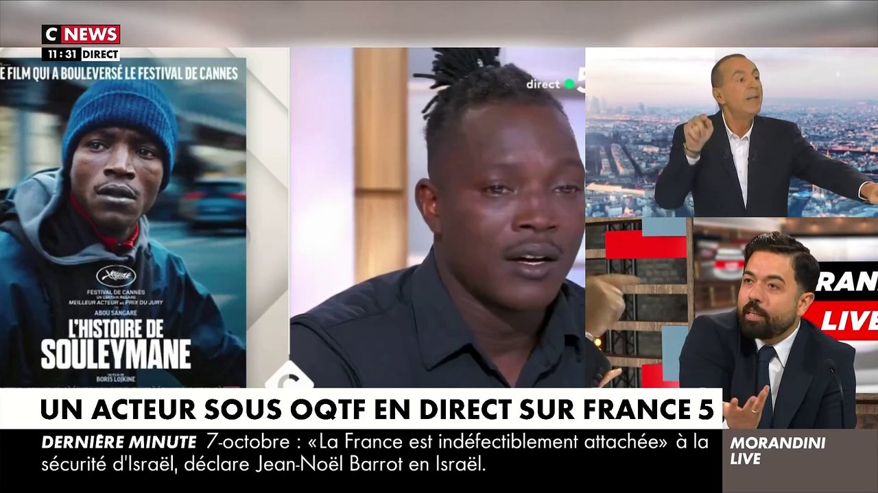 Gros accrochage ce matin sur le plateau de "Morandini Live" autour de la présence vendredi dans "C à vous" sur France 5 de Abou Sangare , sous OQTF et avec 3 refus de séjour: "Comment vous pouvez dire que ce n'est pas grave s'il est acteur?"