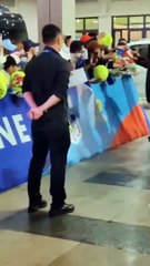 Security asks the crowd to be quiet but Novak was having none of it