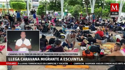 Migrantes que conforman la caravana "Rey de Reyes" arriban a Huehuetlán, Chiapas