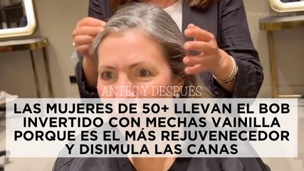 Скачать видео: Antes y después: las mujeres de 50+ llevan el bob invertido con mechas vainilla porque es el más rejuvenecedor y disimula las canas