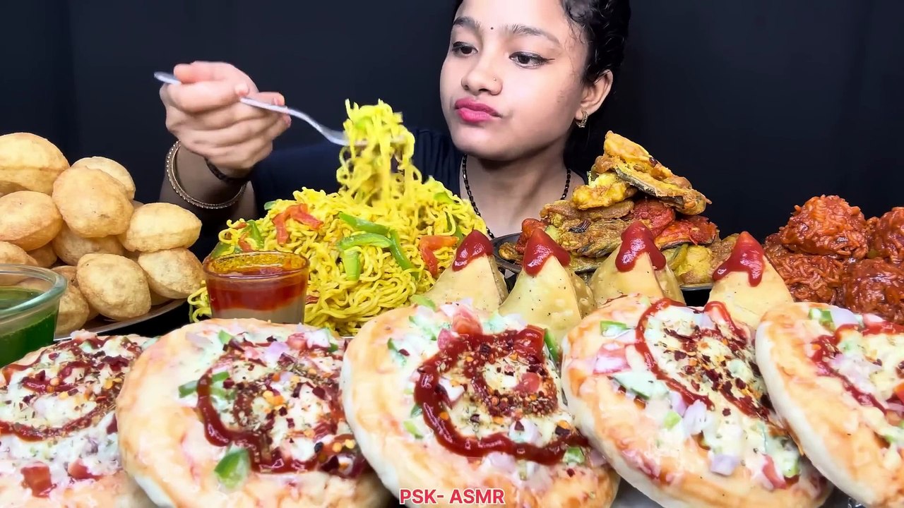 ASMR PIZZA, MAGGI MANCHURIAN, DIFFERENT TYPES OF PAKODE, SAMOSA, MAGGI, PANI PURI EATING️BIG BITES