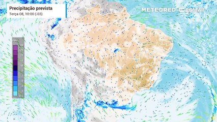 Previsão de precipitação e nebulosidade até Quinta-Feira (10)
